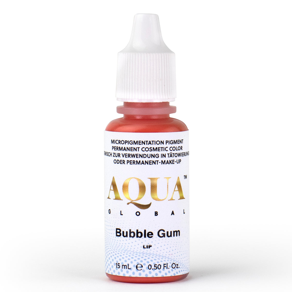 Aqua Global Bubble Gum lip pigment bottle in a bright pink hybrid shade, used by PMU artists to create soft, vibrant, and youthful lip color in permanent makeup procedures.
