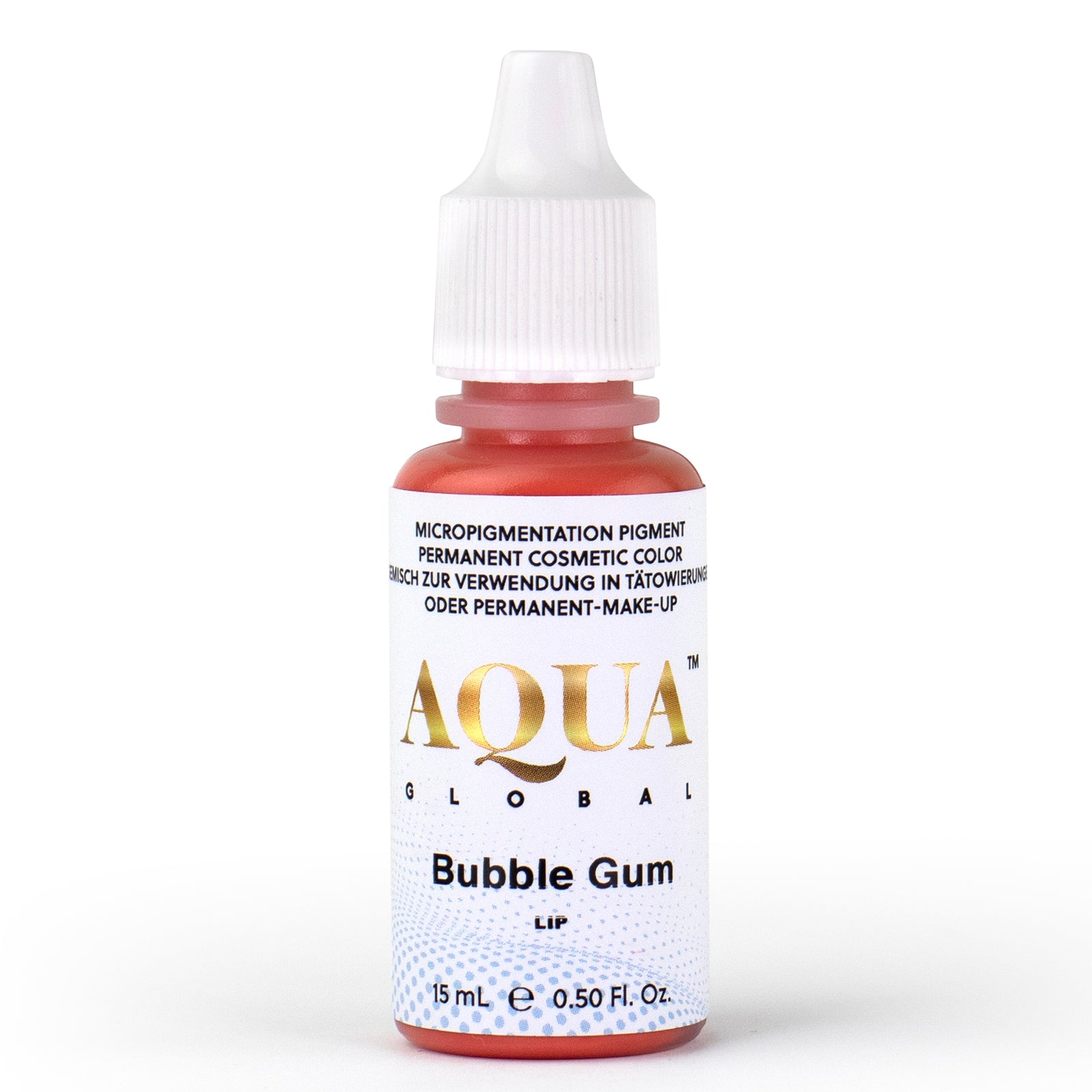 Aqua Global Bubble Gum lip pigment bottle in a bright pink hybrid shade, used by PMU artists to create soft, vibrant, and youthful lip color in permanent makeup procedures.
