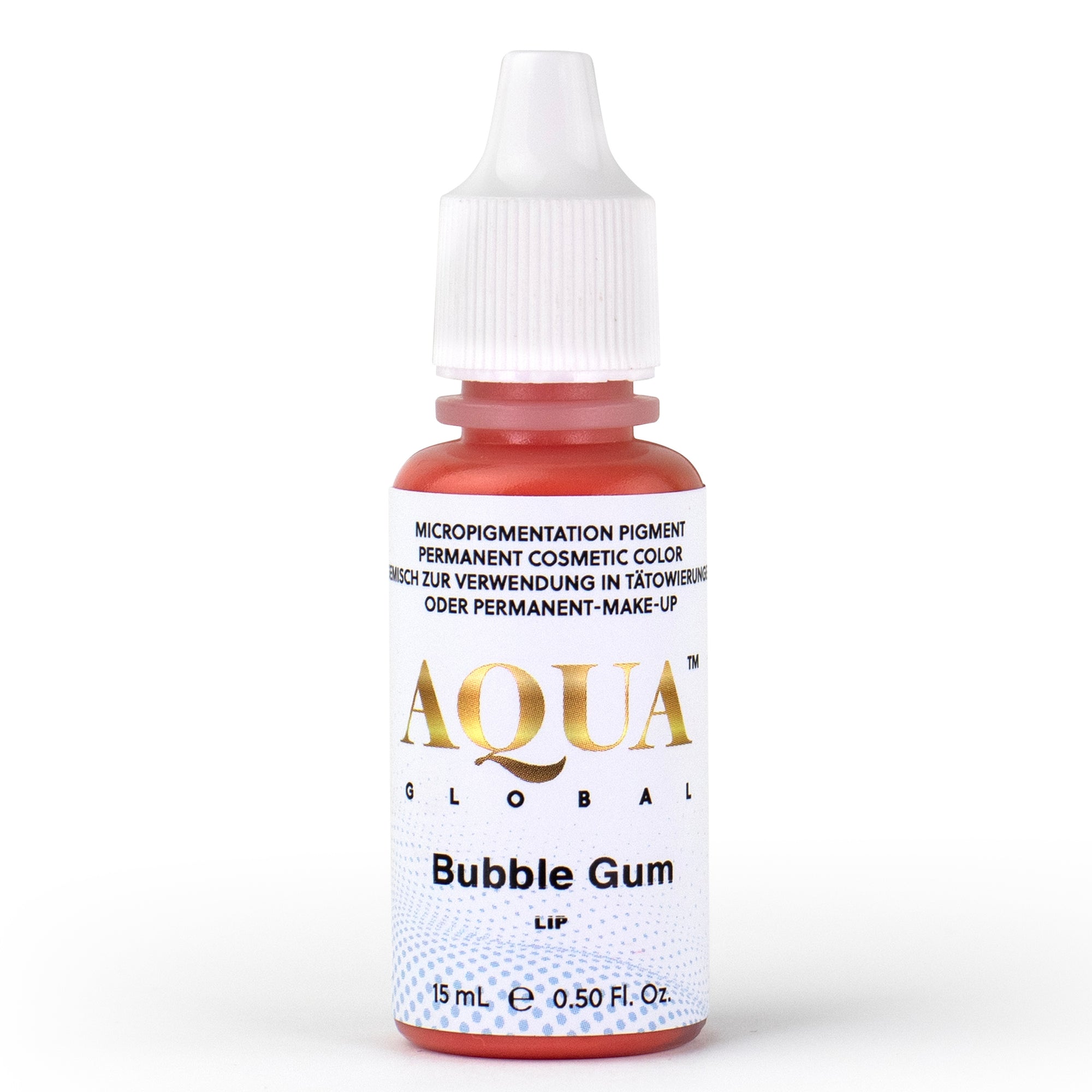 Aqua Global Bubble Gum lip pigment bottle in a bright pink hybrid shade, used by PMU artists to create soft, vibrant, and youthful lip color in permanent makeup procedures.

