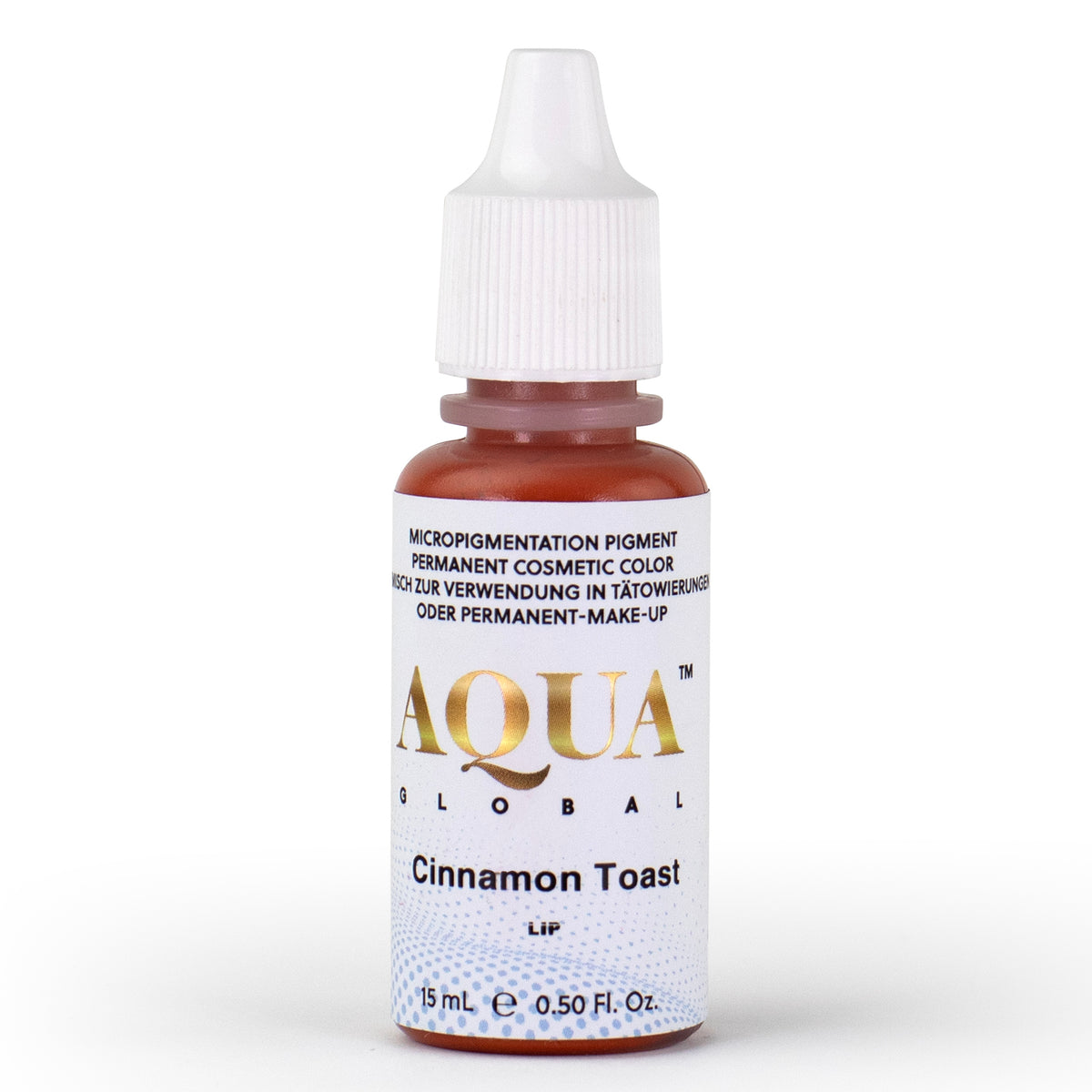 Aqua Global Cinnamon Toast lip pigment bottle in a warm medium brown hybrid shade, used by PMU artists to create soft, natural lip tones and blended neutral lip color in permanent makeup procedures.
