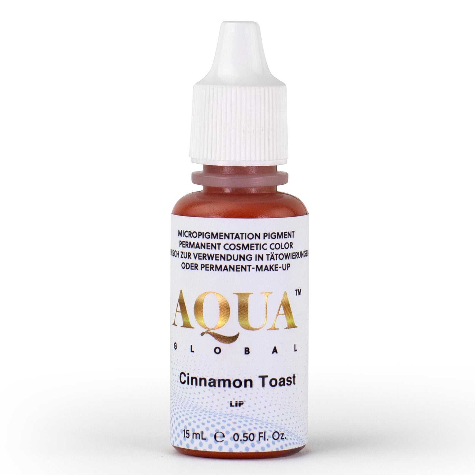 Aqua Global Cinnamon Toast lip pigment bottle in a warm medium brown hybrid shade, used by PMU artists to create soft, natural lip tones and blended neutral lip color in permanent makeup procedures.
