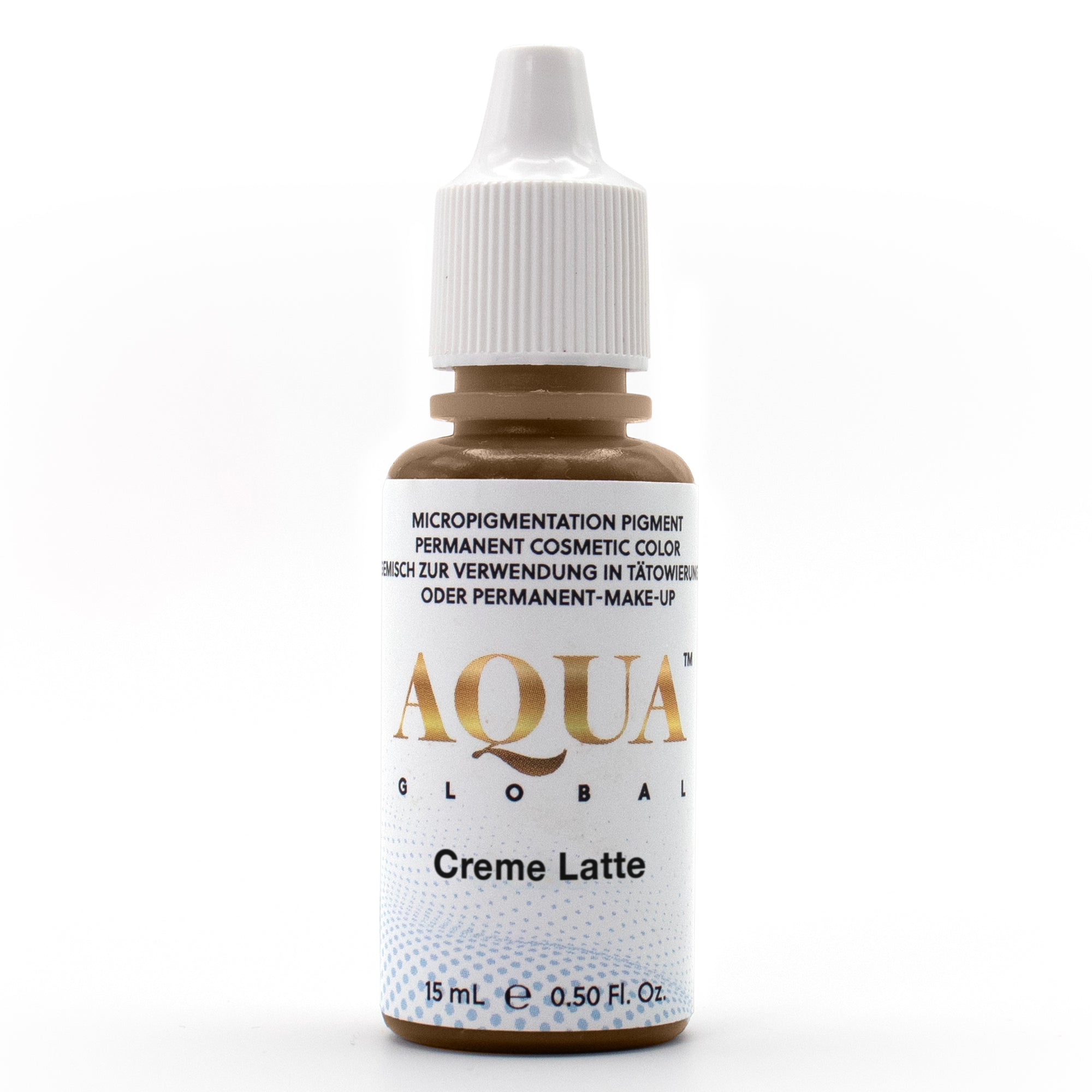 Aqua Global Crème Latte PMU pigment bottle in a neutral-to-slightly cool blonde hybrid shade, perfect for fair-featured clients and creating delicate, natural, refined brows without unwanted warmth.
