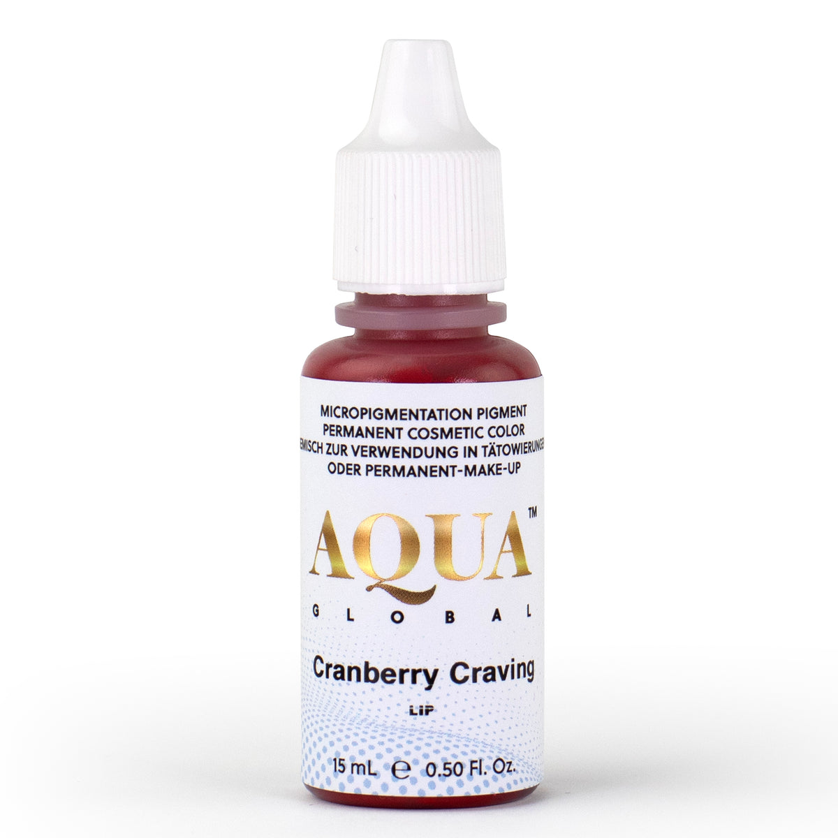 Aqua Global Cranberry Craving lip pigment bottle in a deep red hybrid shade, used by PMU artists for creating vibrant, long-lasting lip color in permanent makeup procedures.
