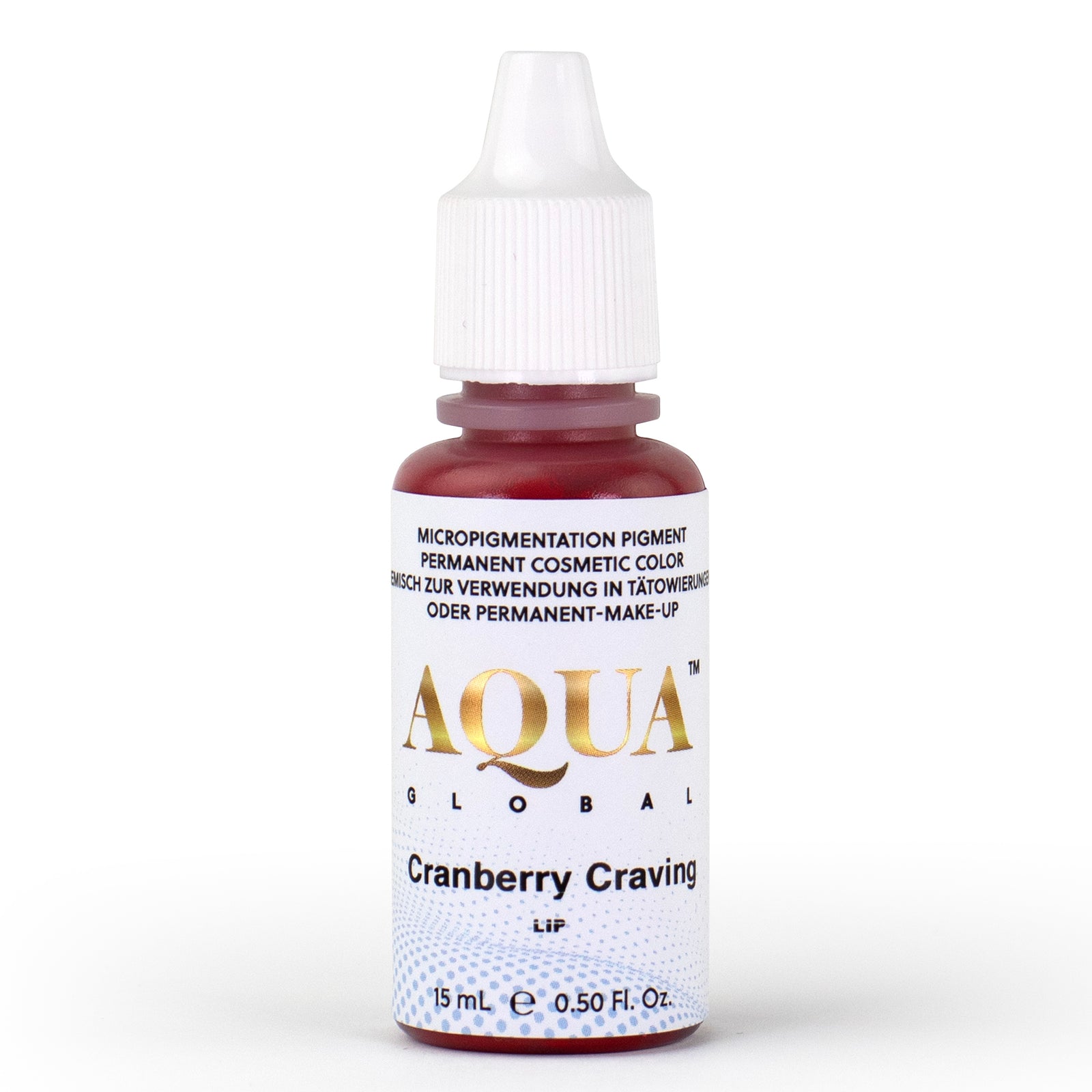 Aqua Global Cranberry Craving lip pigment bottle in a deep red hybrid shade, used by PMU artists for creating vibrant, long-lasting lip color in permanent makeup procedures.
