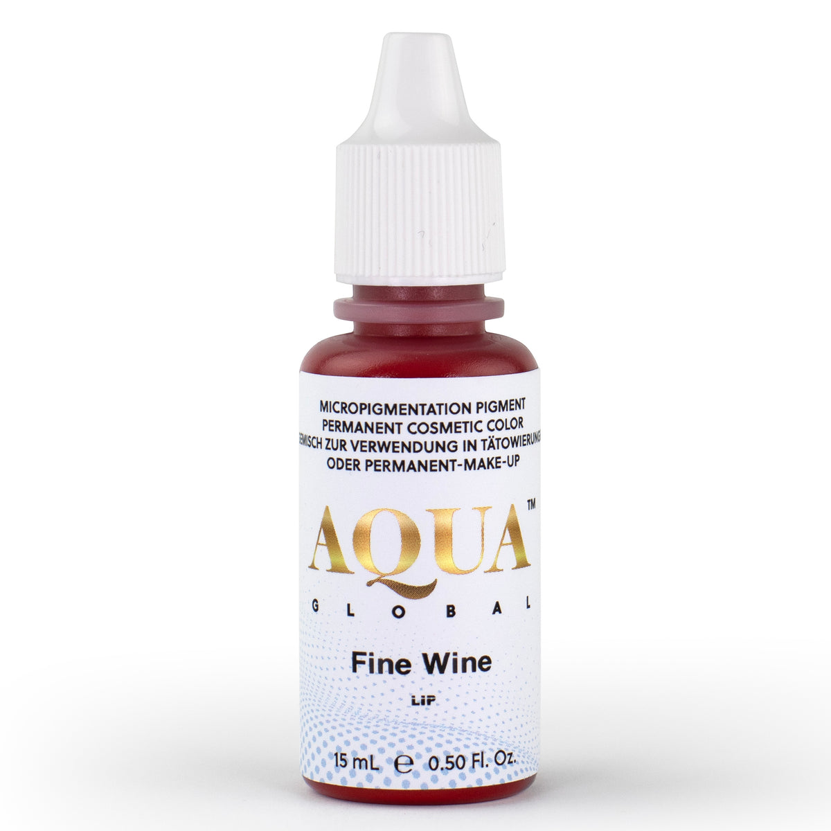 Aqua Global Fine Wine PMU pigment bottle in a rich, ultra-cool red-violet shade. Bold, cool, and not for the faint of heart—Fine Wine is a titanium-free pigment additive designed to supercharge companion lip colors with depth, contrast, and cool undertones. Just 1–2 drops transform any lip blend with dramatic dimension.
