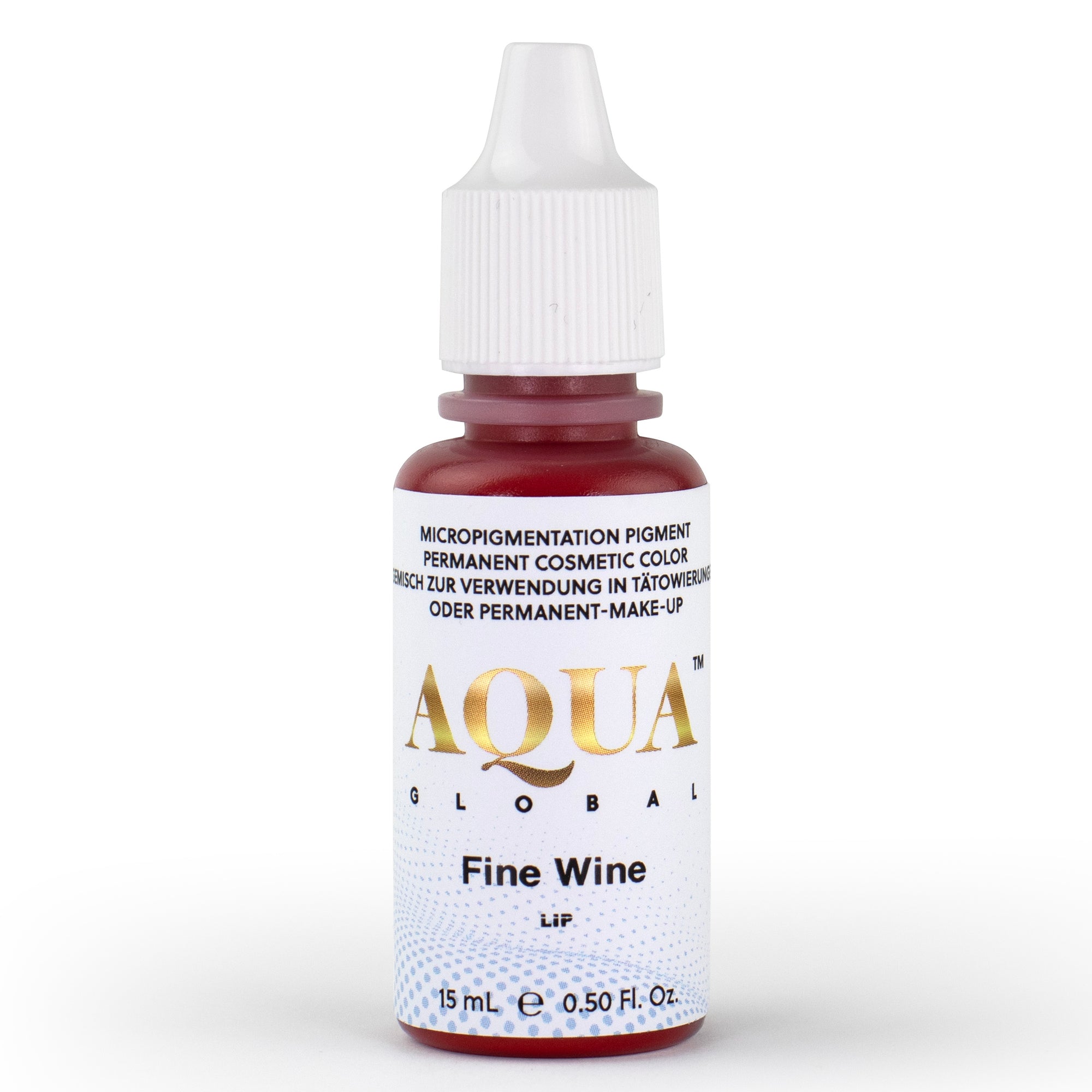 Aqua Global Fine Wine PMU pigment bottle in a rich, ultra-cool red-violet shade. Bold, cool, and not for the faint of heart—Fine Wine is a titanium-free pigment additive designed to supercharge companion lip colors with depth, contrast, and cool undertones. Just 1–2 drops transform any lip blend with dramatic dimension.
