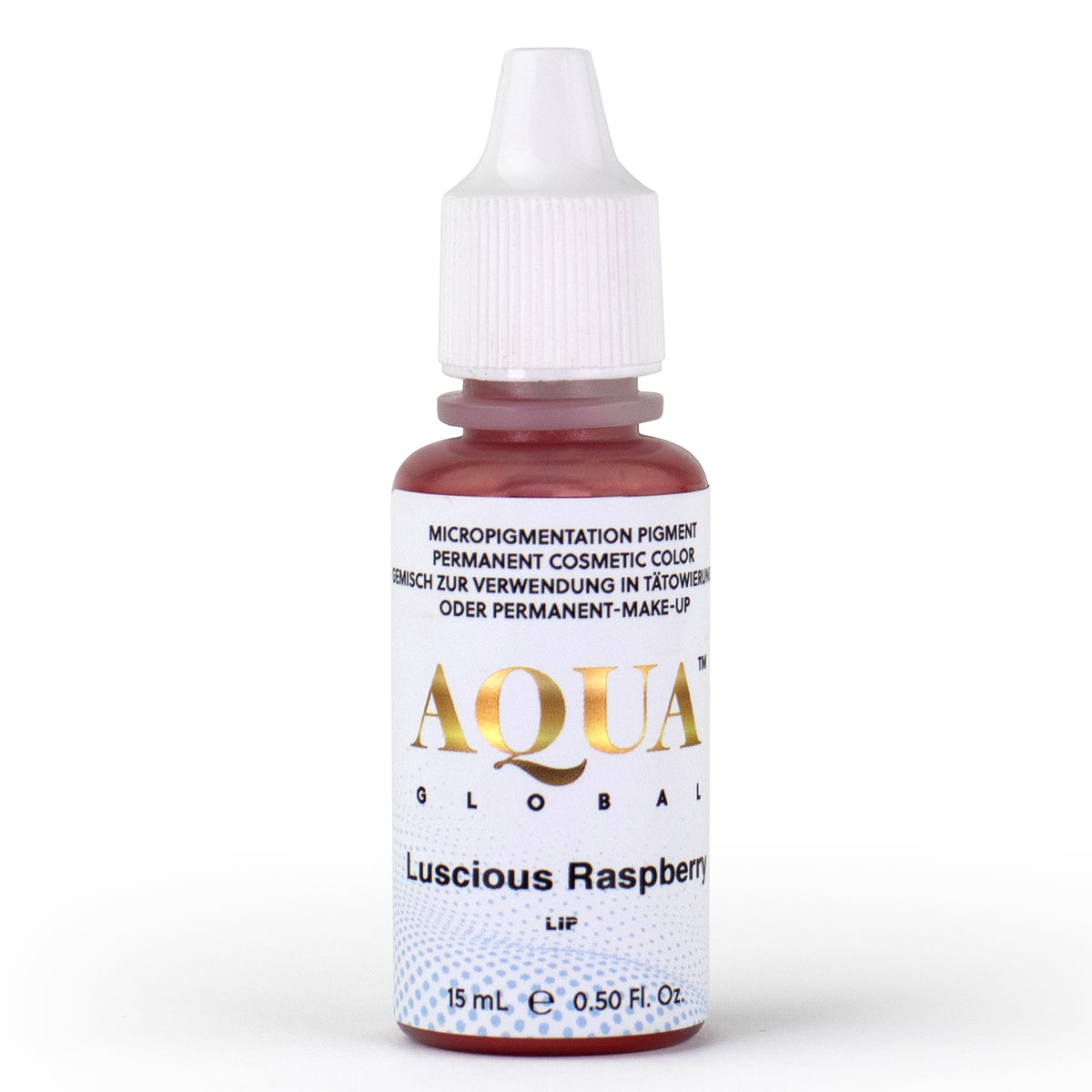 Aqua Global Luscious Raspberry PMU pigment bottle in a deep pink-red hybrid shade, one of Teryn Darling’s favorite lip pigments. She often uses it to deepen other lip colors, adding richness and dimension. Perfect for creating bold, beautiful lips with a rich berry tone and smooth, even healed results in permanent makeup.
