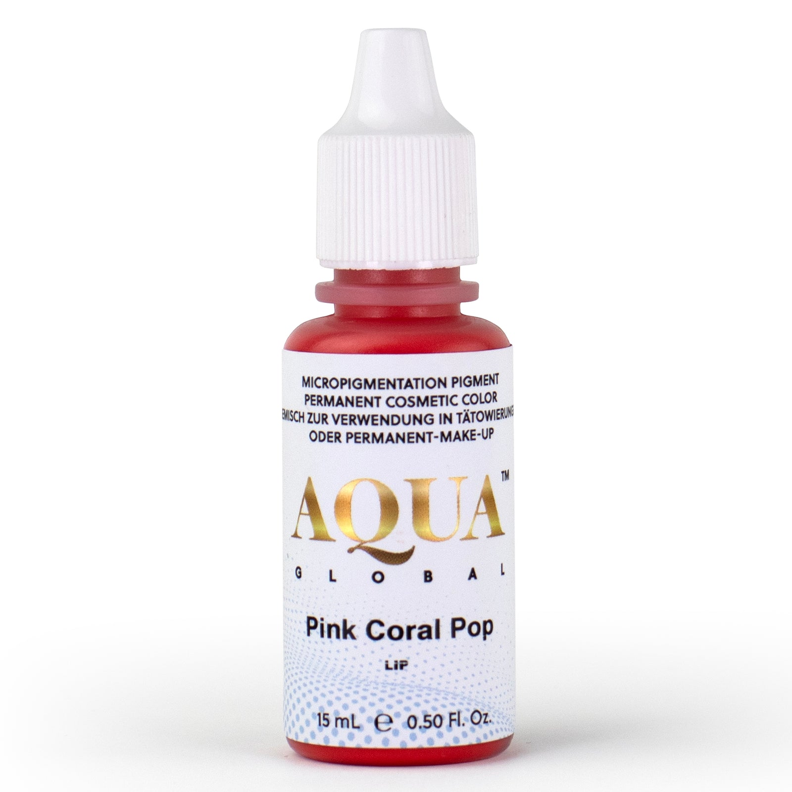 Aqua Global Pink Coral Pop PMU pigment bottle in a bright coral-pink hybrid shade, perfect for creating fresh, youthful lips with a lively tone. Ideal for clients who want a natural pop of color and beautifully balanced healed results in permanent makeup.
