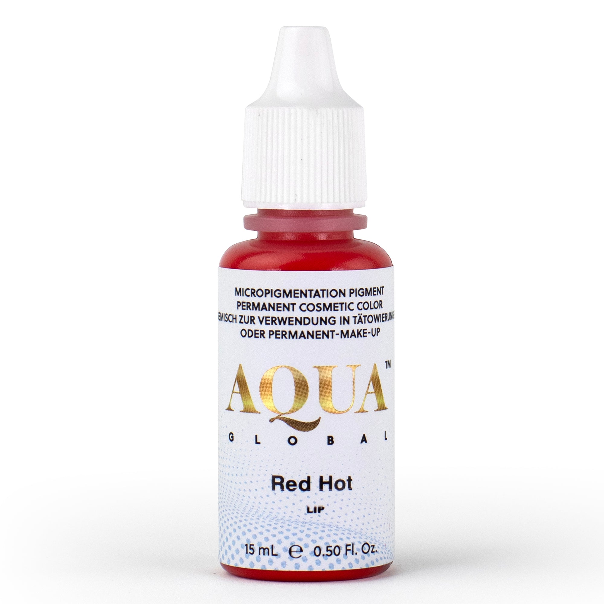 Aqua Global Red Hot PMU pigment bottle in a classic bright red hybrid shade, perfect for creating bold, vibrant lips with a timeless pop of color. Loved by artists for its balanced tone and beautifully saturated healed results in permanent makeup.

