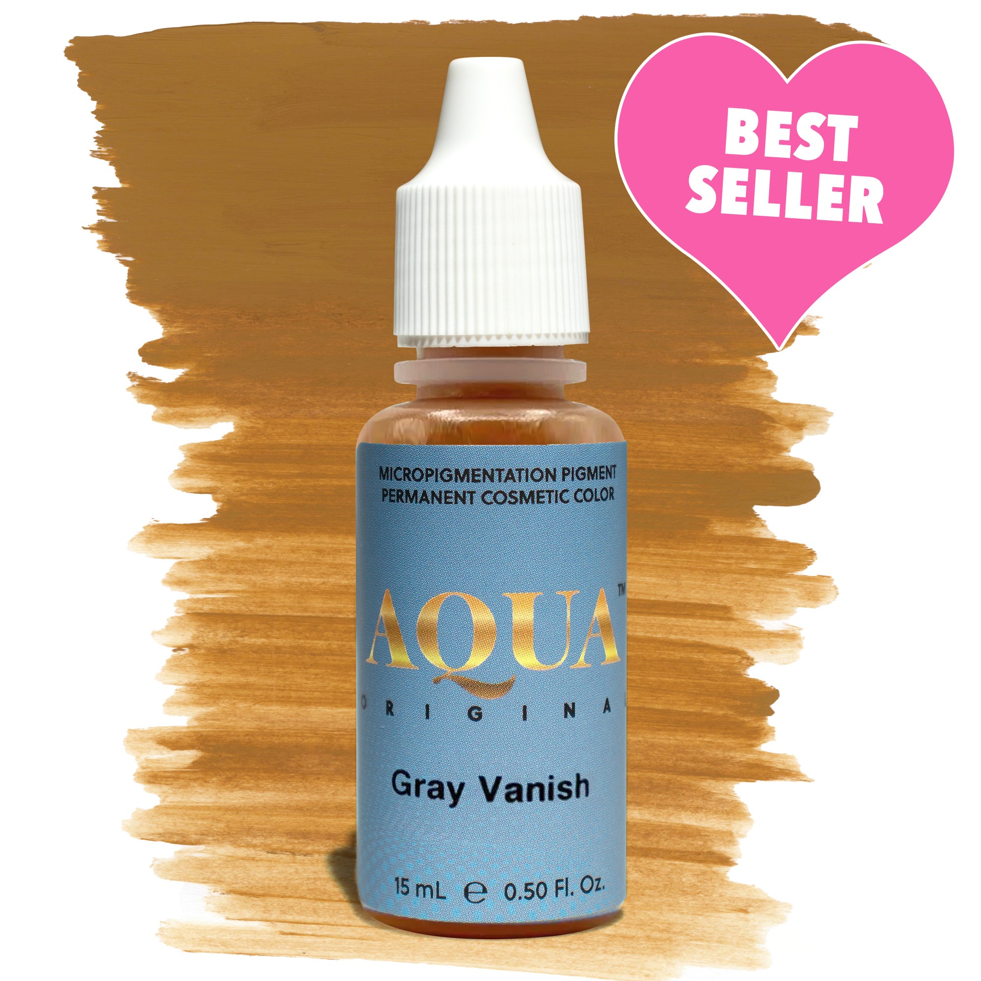 Aqua Gray Vanish hybrid PMU pigment best seller bottle used for correcting ashy, cool, or gray eyebrows in permanent makeup and microblading procedures.
