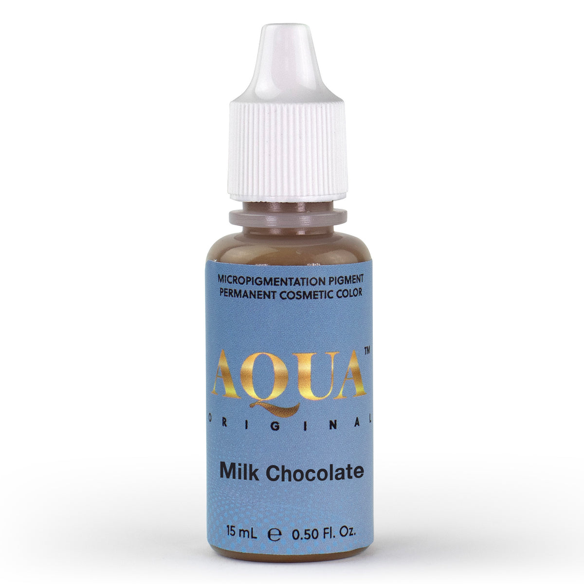 Aqua Milk Chocolate PMU pigment bottle in a medium brown inorganic-based shade with medium warmth, used to create soft natural-looking eyebrows in permanent makeup and microblading procedures.
