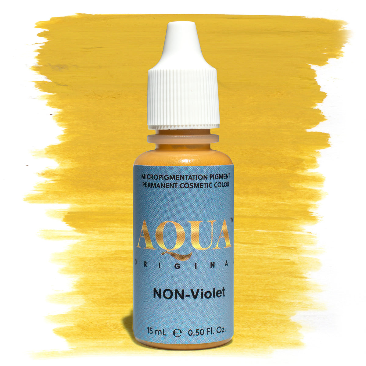 Aqua NON-Violet permanent makeup modifier bottle on a warm yellow background, used to correct and neutralize violet, overly cool, or ashy eyebrow pigments in PMU and microblading procedures.
