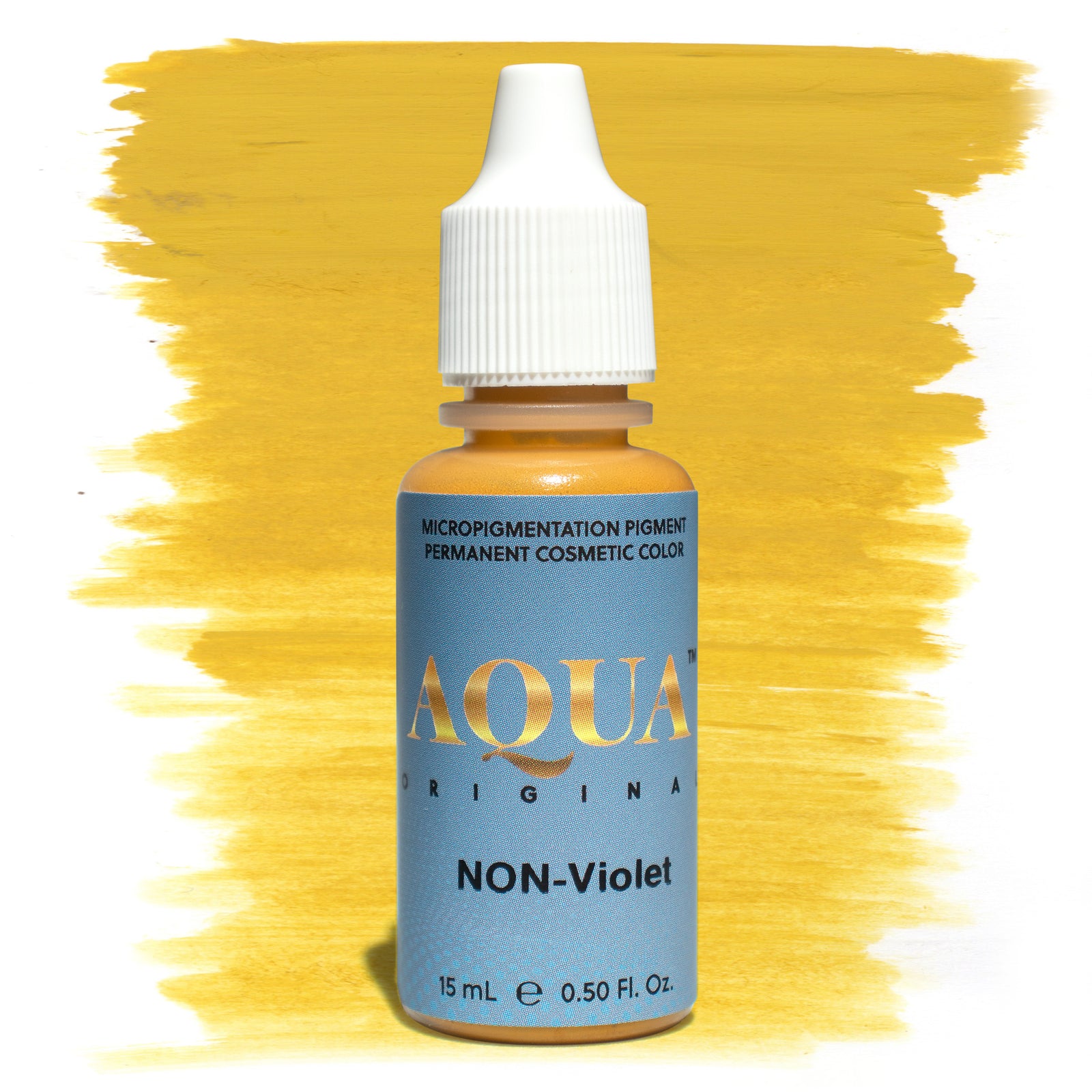 Aqua NON-Violet permanent makeup modifier bottle on a warm yellow background, used to correct and neutralize violet, overly cool, or ashy eyebrow pigments in PMU and microblading procedures.
