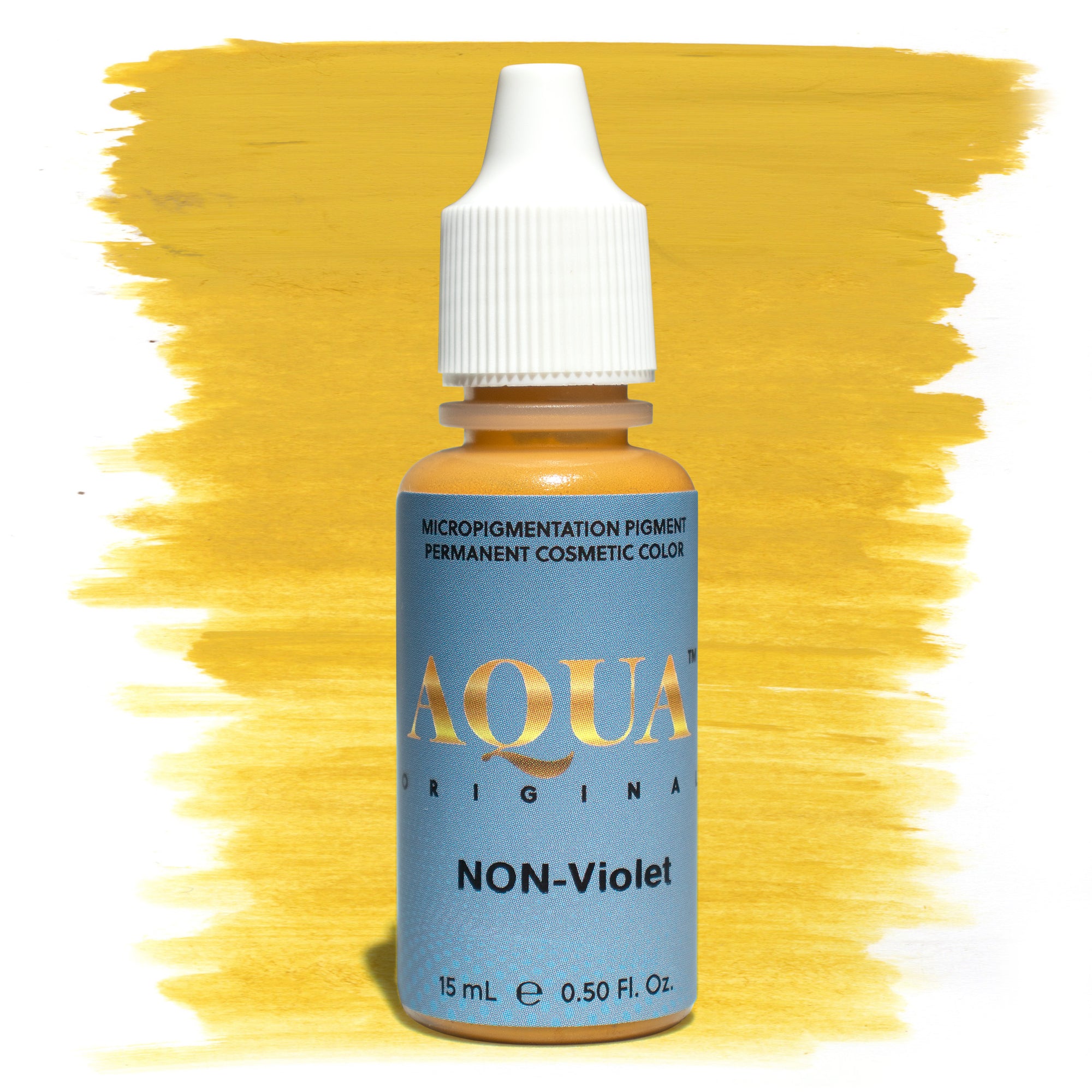 Aqua NON-Violet permanent makeup modifier bottle on a warm yellow background, used to correct and neutralize violet, overly cool, or ashy eyebrow pigments in PMU and microblading procedures.

