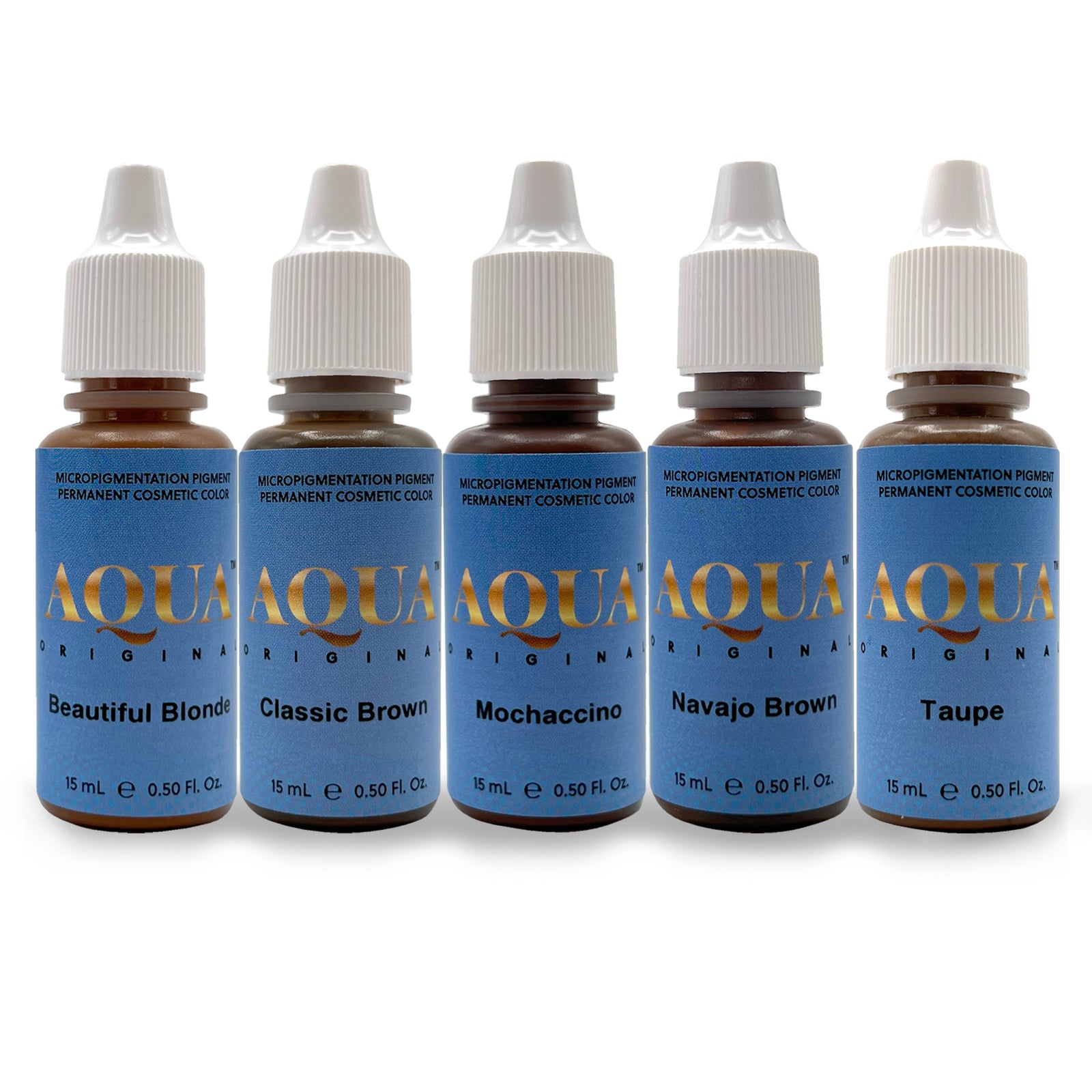 Set of five Aqua PMU pigment bottles including Beautiful Blonde, Classic Brown, Mochaccino, Navajo Brown, and Taupe inorganic and hybrid shades, used by permanent makeup artists to create soft, natural brows with balanced color tones for a wide range of clients.
