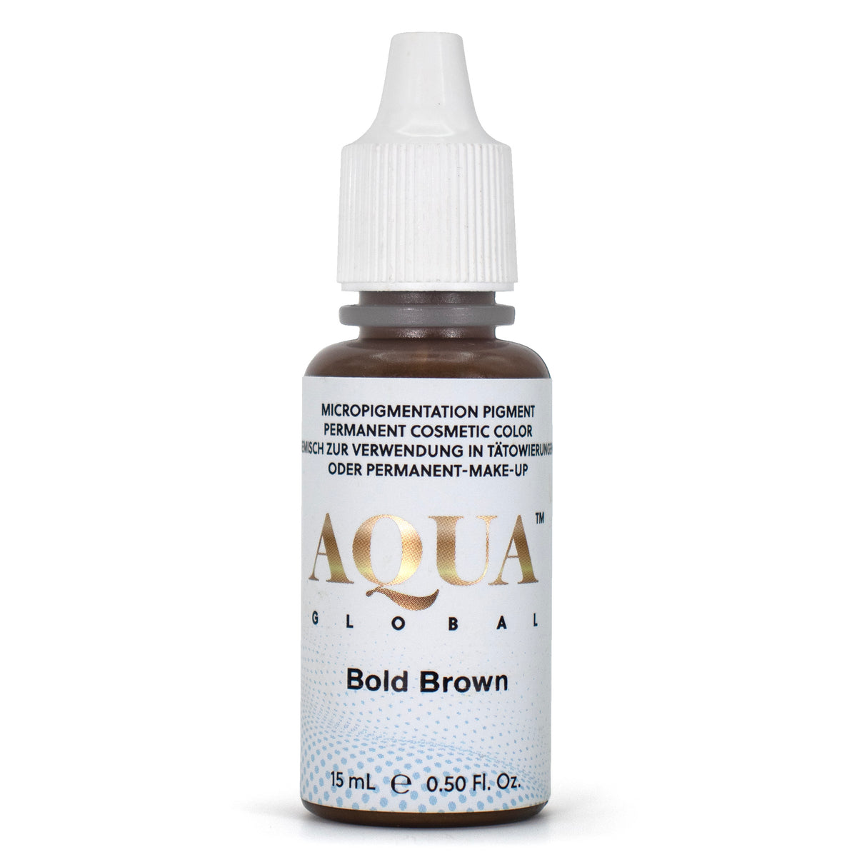 Bottle of Bold Brown Eyebrow Pigment showcasing its rich, cool-toned brown hue suitable for Fitzpatrick III-V skin types.