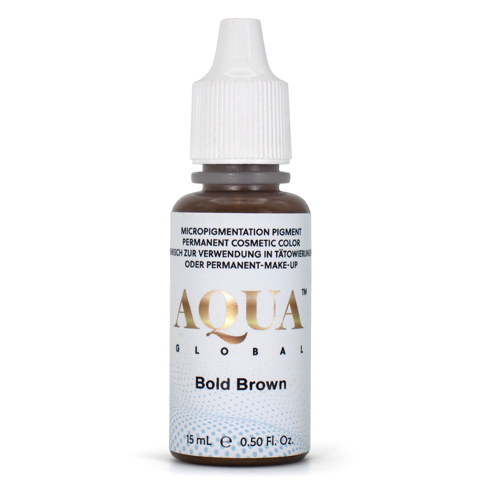 Bottle of Bold Brown Eyebrow Pigment showcasing its rich, cool-toned brown hue suitable for Fitzpatrick III-V skin types.
