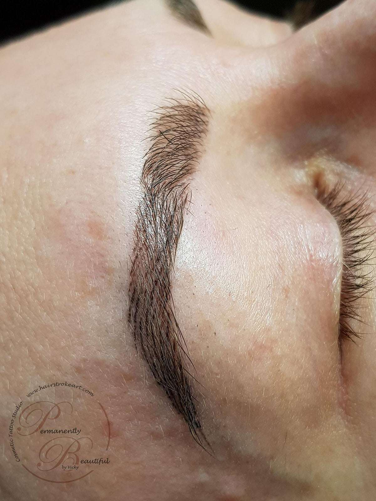 Healed close-up of permanent makeup eyebrows created with Chocolate Conga and a touch of Milk n Honey pigment by artist Viktoria Kovacs, showing soft natural brown tones and even retention.