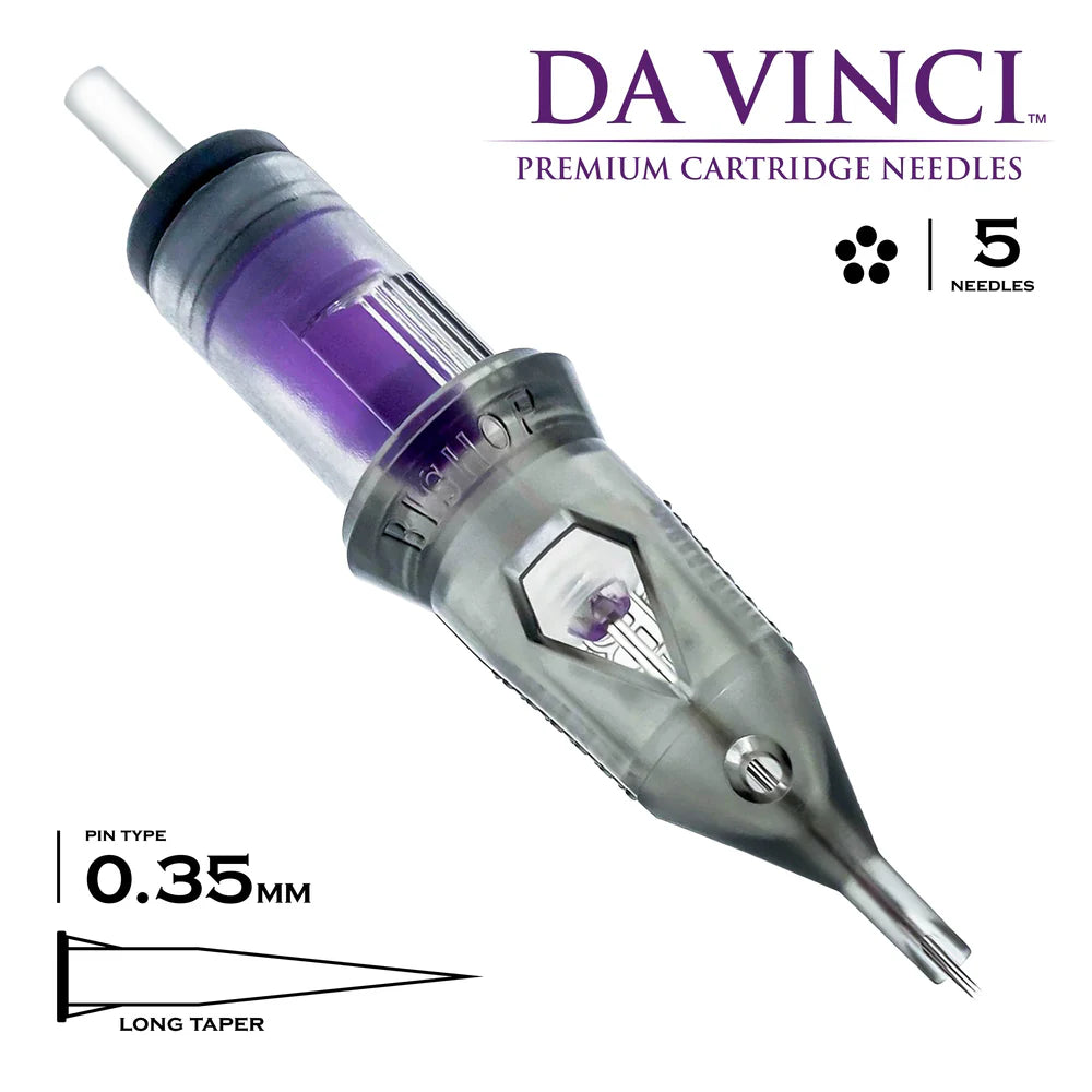 Get consistent, smooth pigment deposit with the Da Vinci V2 5RS Long Taper needle. Featuring a 0.35mm (12-gauge) diameter, a vented design for superior ink flow, and a medium tension safety membrane, this premium needle is perfect for powder brows, eyeliner, lip liners, and detail work. Made with 304 surgical stainless steel and medical-grade plastic. Find your new go-to needle at Girlz Ink!