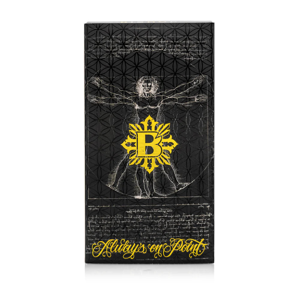 The Da Vinci V2 Needle Cartridge Box features a sleek, black design with the Vitruvian Man-inspired artwork. Designed for PMU and tattoo artists who demand precision and performance. Always on Point.