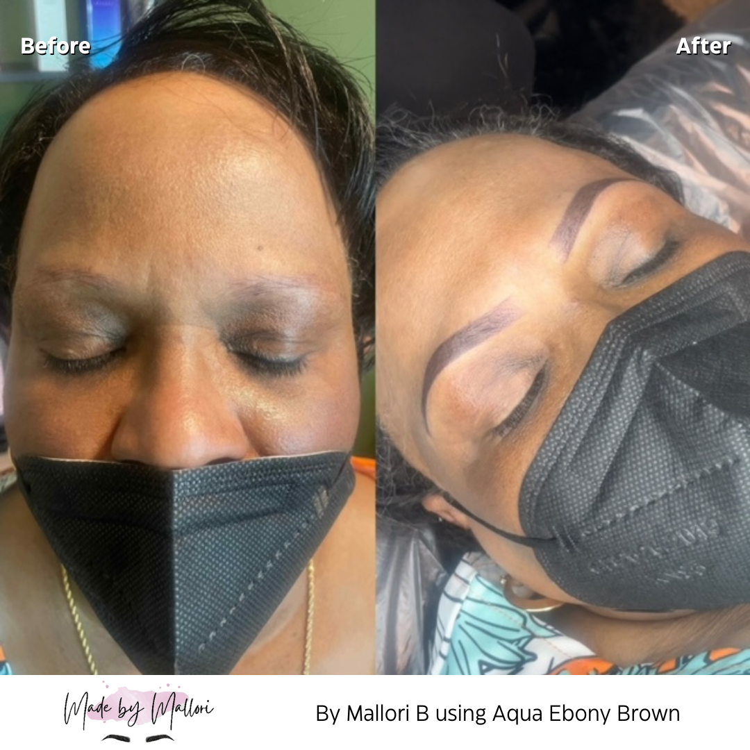 Before and After shown of permanent makeup client. Done by Mallori B of Made by Mallori using Aqua Ebony Brown. Image is split in half with the before on the left and the after on the right.