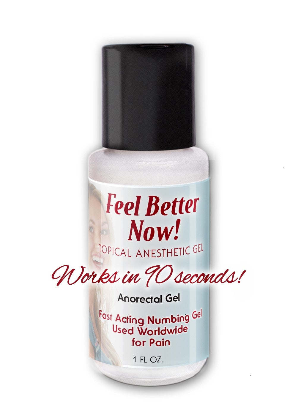Feel Better Now topical anesthetic gel. Works in 90 seconds,” a fast-acting numbing gel used to reduce pain during permanent makeup, tattoo, and cosmetic procedures.
