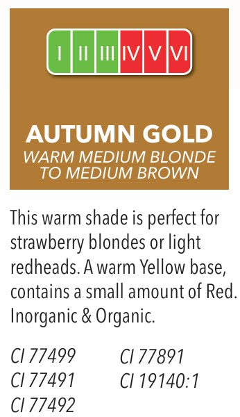 Color Identification Chart (CIC) snippet for Autumn Gold PMU pigment, warm yellow base with red for strawberry blonde and light redhead brows, Aqua Series by LI Pigments