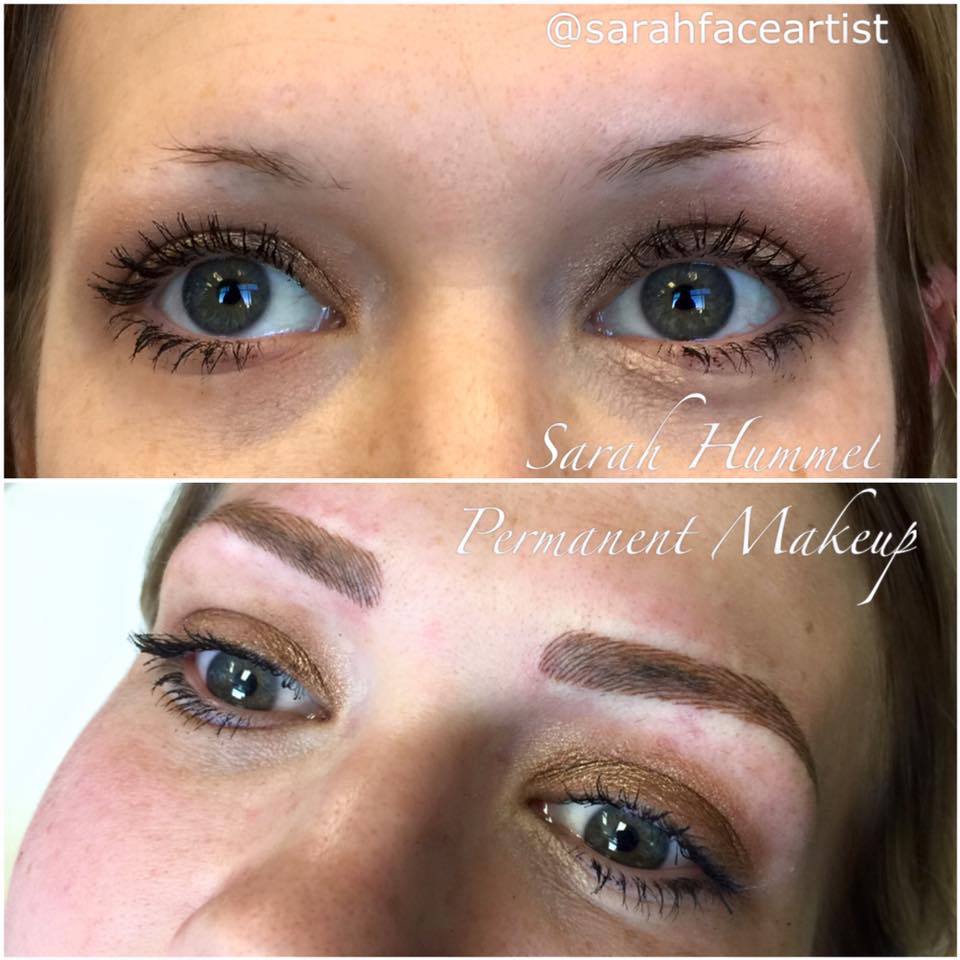 Before and after photo of healed permanent makeup eyebrows created using Milk Chocolate Straight pigment by artist Sarah Hummel, showing soft natural brown color and even healed retention.