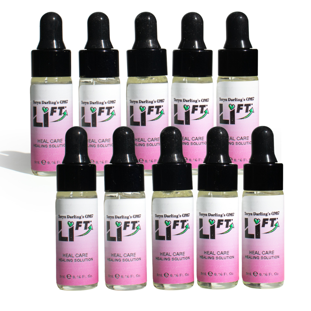 Ten bottles of OMG Li-FT Heal Care Healing Solution by Teryn Darling arranged in rows, used as a professional aftercare product to promote healing and soothe skin following PMU lightening or removal procedures.
