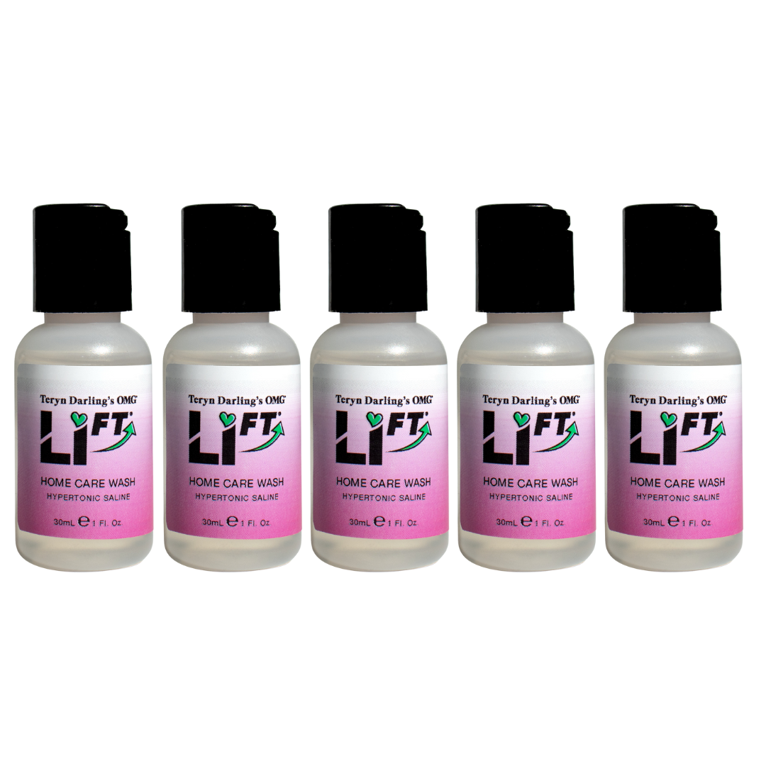 Five bottles of OMG Li-FT Home Care Wash by Teryn Darling arranged in a row, a professional hypertonic saline cleanser used for aftercare following permanent makeup lightening or removal treatments.
