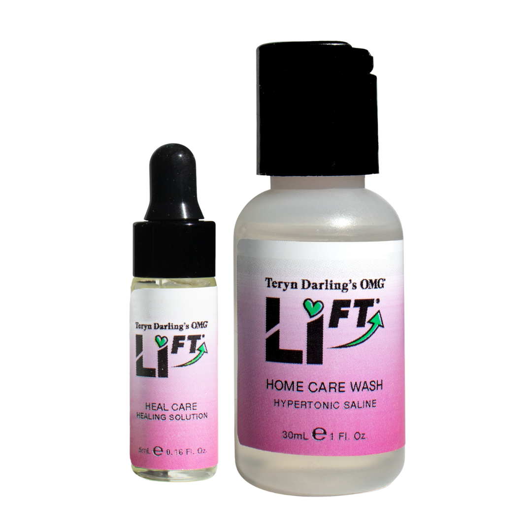 OMG Li-FT Kit by Teryn Darling showing two bottles: Home Care Wash and Heal Care Healing Solution, designed for safe and effective aftercare following saline lightening or PMU pigment removal treatments.

