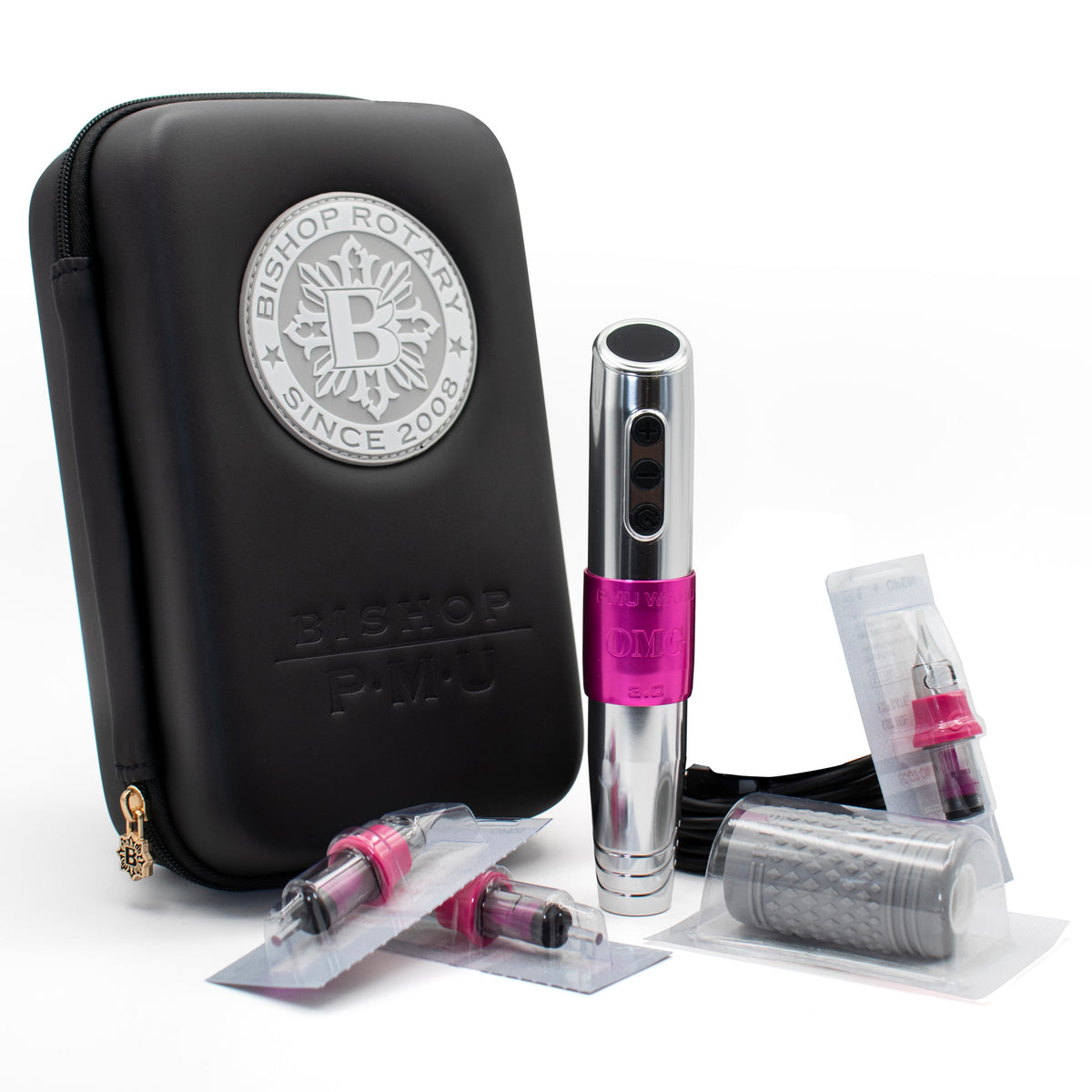 Experience flawless control with the OMG PMU Wand &amp; Precision Cartridges by Teryn Darling. Featuring a powerful 3.0 stroke setting, this professional permanent makeup machine delivers smooth, even pigment implantation for all PMU procedures — brows, lips, eyeliner, and areola work. Each set includes OMG Precision Cartridges, a charging cable, and a custom travel case — everything a true artist needs for perfect results every time.