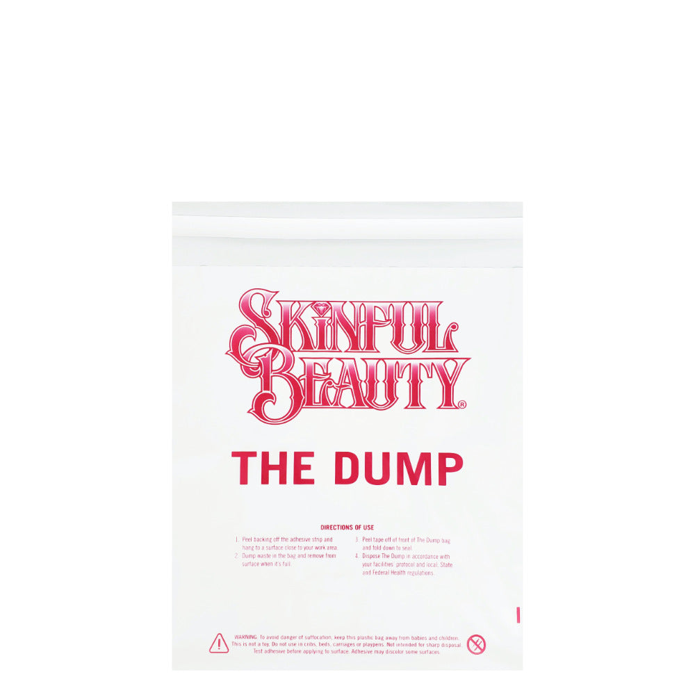 Skinful Beauty “The Dump” disposable pigment and waste collection bag used by permanent makeup artists for safe and sanitary pigment cleanup and workstation disposal.
