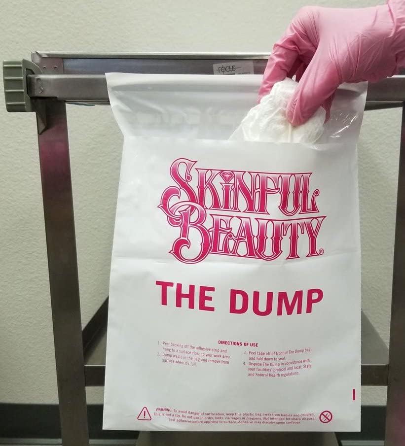 Skinful Beauty “The Dump” disposable pigment and waste collection bag used by permanent makeup artists for safe and sanitary pigment cleanup and workstation disposal.
