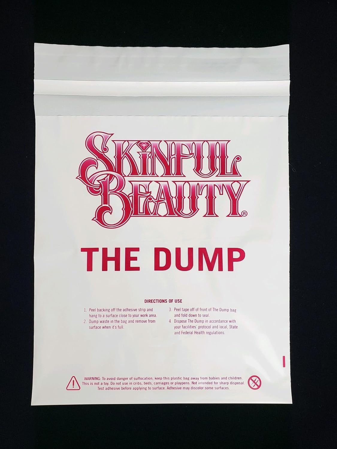 Skinful Beauty “The Dump” professional pigment disposal bag used by permanent makeup artists for safe and sanitary workstation waste handling.
