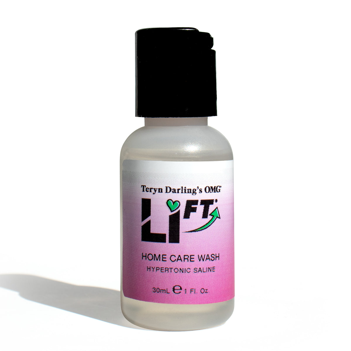 Single bottle of Teryn Darling’s OMG Li-FT Home Care Wash, a professional hypertonic saline cleanser used for gentle aftercare following PMU lightening or saline removal treatments.
