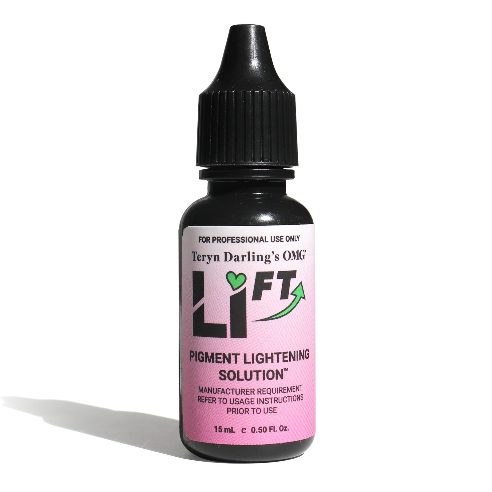 A bottle of Teryn Darling’s OMG Li-FT Pigment Lightening Solution, a professional saline formula used by PMU artists for safe and controlled pigment lightening and removal procedures.
