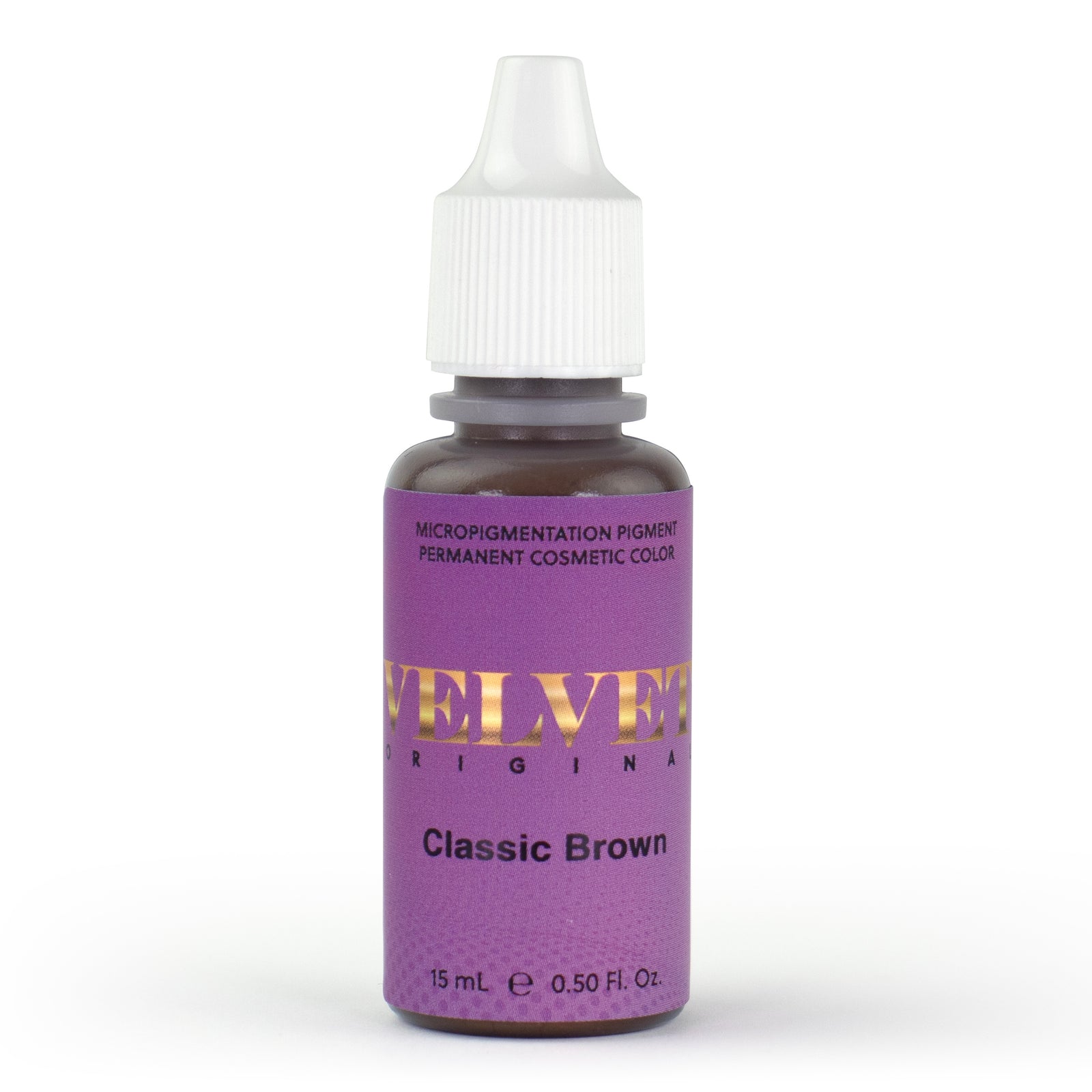 Velvet Classic Brown PMU pigment bottle in a neutral medium-dark inorganic-based shade, loved by microbladers for creating timeless, natural brows. This balanced pigment offers consistent healed results with just the right amount of depth and neutrality for versatile brow work on a wide range of clients.
