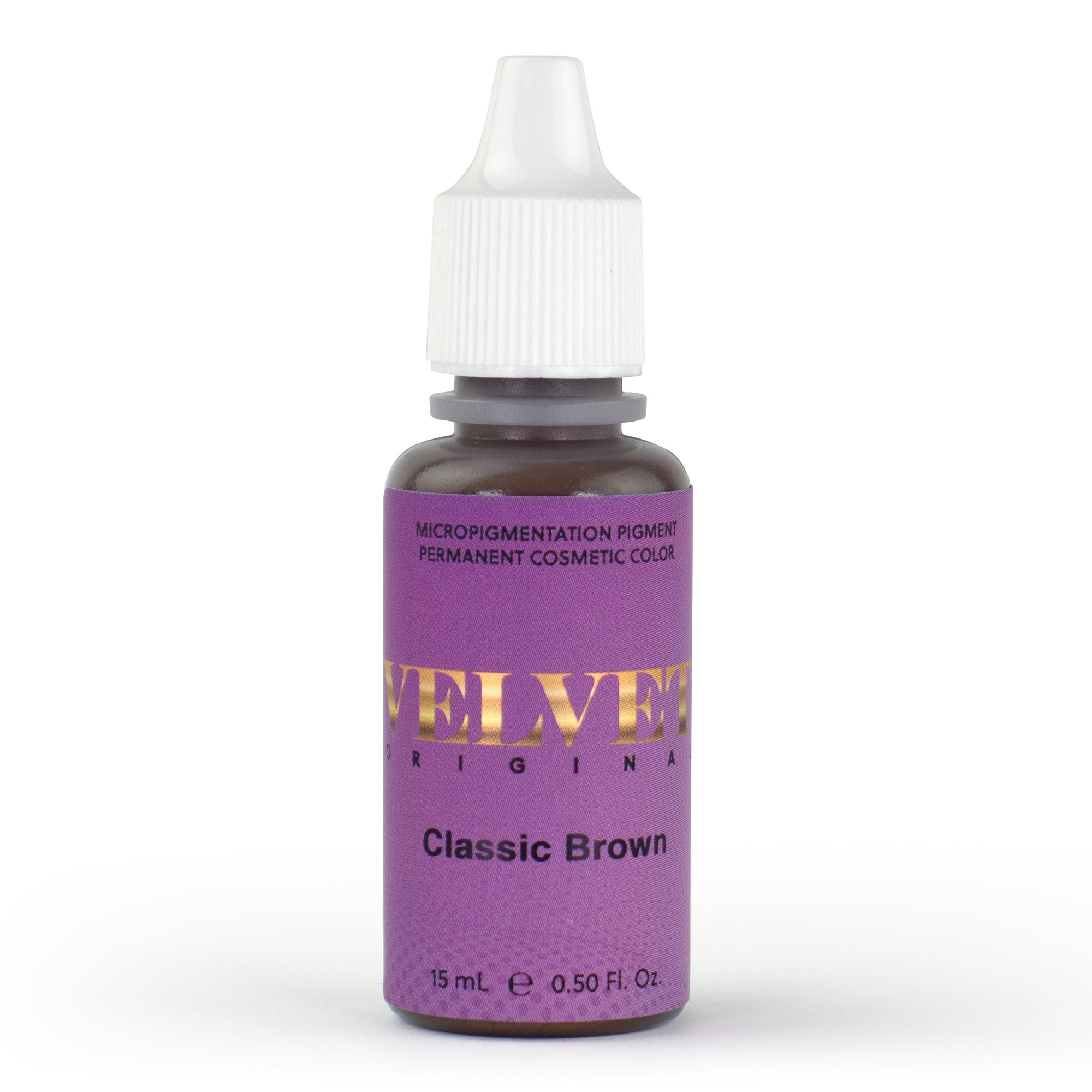 Velvet Classic Brown PMU pigment bottle in a neutral medium-dark inorganic-based shade, loved by microbladers for creating timeless, natural brows. This balanced pigment offers consistent healed results with just the right amount of depth and neutrality for versatile brow work on a wide range of clients.
