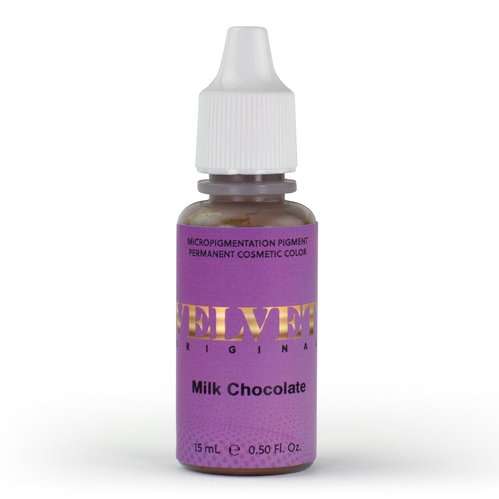 Velvet Milk Chocolate PMU pigment bottle in a warm medium-brown inorganic-based shade, loved by microbladers for creating soft, natural-looking brows. This versatile pigment offers gentle warmth and even healing, ideal for clients wanting a balanced, natural brown that never pulls too red or ashy.
