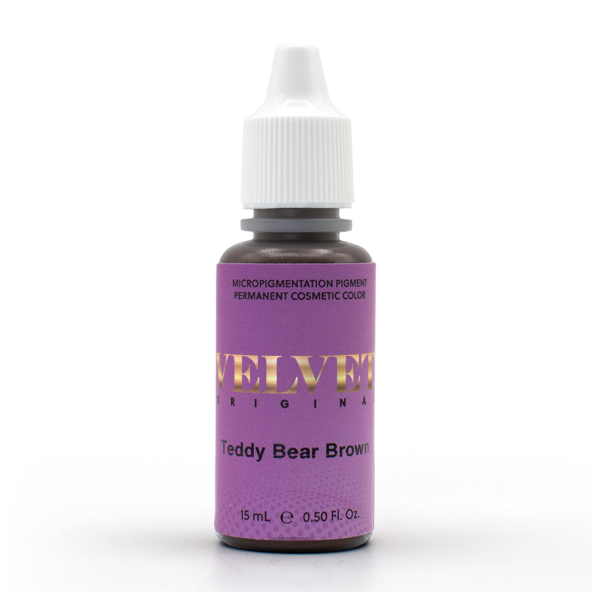 Velvet Teddy Bear Brown PMU pigment bottle in a deep, cool medium-brown inorganic-based shade with a neutral yellow and green base and a touch of red for balance. This dark, rich brown delivers depth and dimension without pulling too warm or ashy. The Velvet formula is slightly thicker than Aqua, infused with extra glycerin that helps the pigment cling to the needle for smooth, even implantation and beautifully saturated results. A microblader’s dream pigment—creamy, controlled, and consistently flawless in