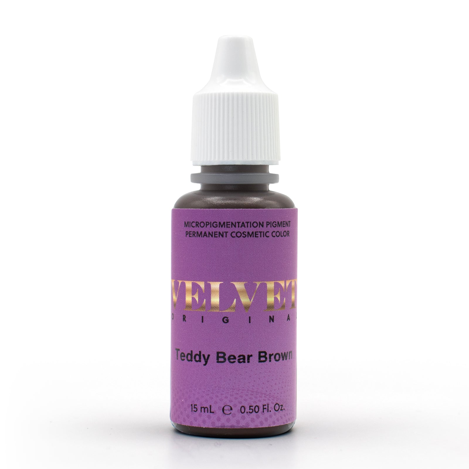 Velvet Teddy Bear Brown PMU pigment bottle in a deep, cool medium-brown inorganic-based shade with a neutral yellow and green base and a touch of red for balance. This dark, rich brown delivers depth and dimension without pulling too warm or ashy. The Velvet formula is slightly thicker than Aqua, infused with extra glycerin that helps the pigment cling to the needle for smooth, even implantation and beautifully saturated results. A microblader’s dream pigment—creamy, controlled, and consistently flawless in