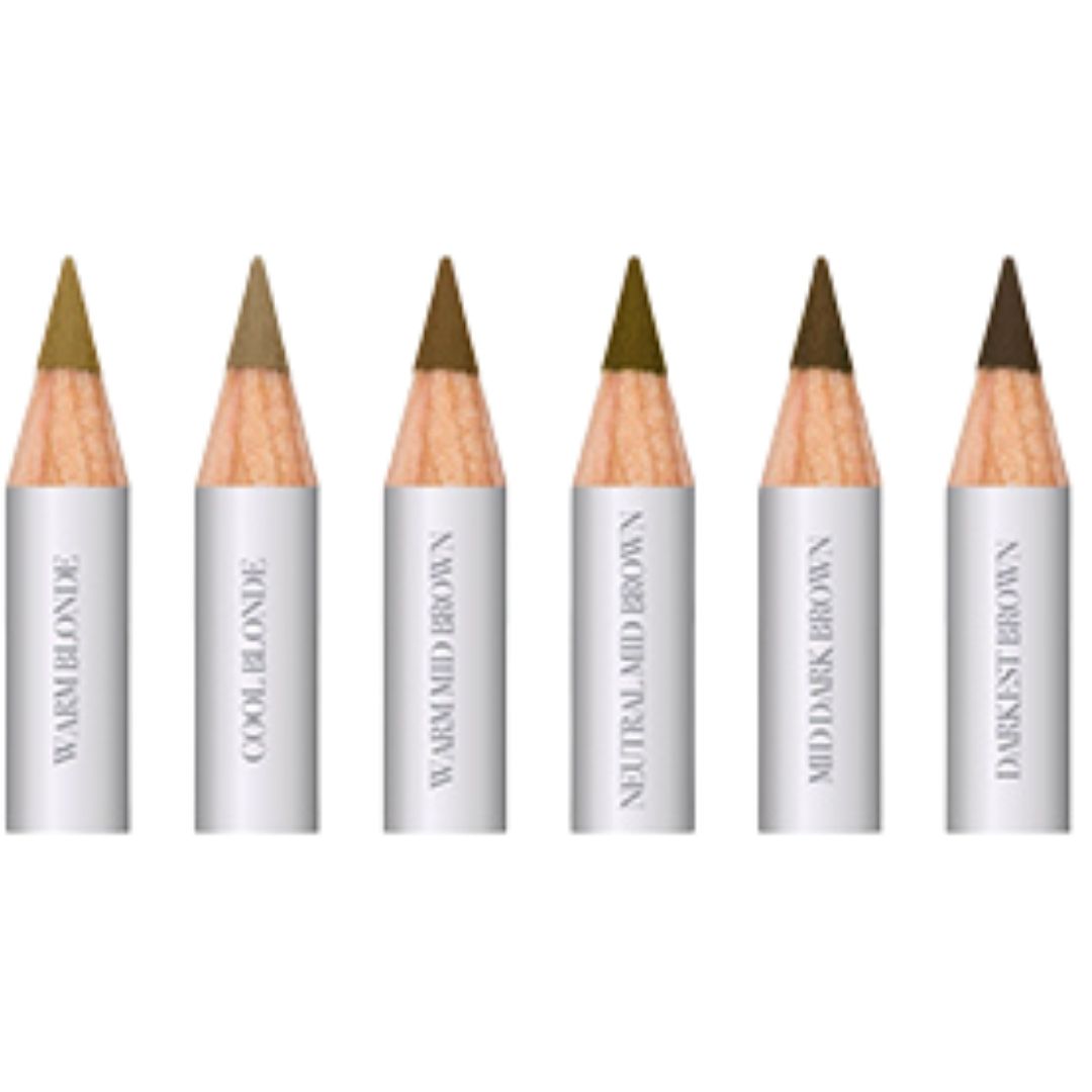 Set of six Blush to Bold brow pencils in varying shades with a deluxe sharpener, designed for precise ombré brow creation.