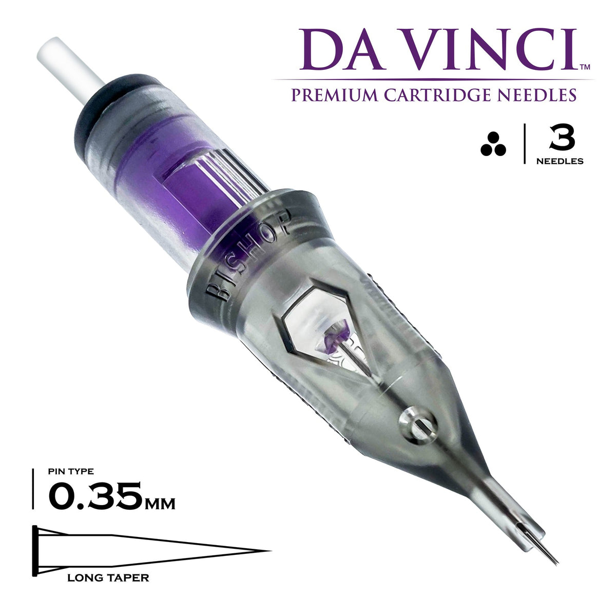 Close-up of Da Vinci V2 3RS Needle Cartridge with a 0.35mm diameter and long taper, perfect for achieving soft, powdery fills in eyebrow procedures.