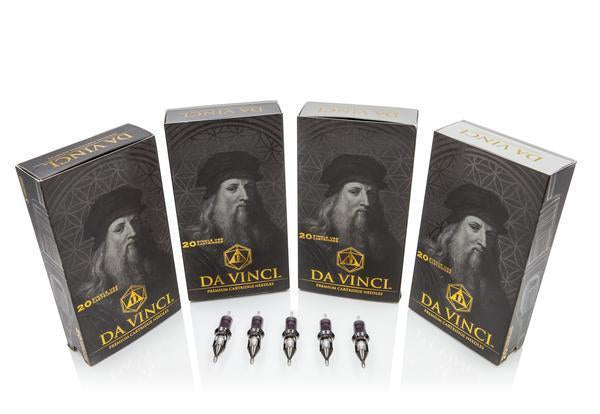 Set of four Da Vinci V2 Needle Cartridge boxes alongside individual cartridges, showcasing various configurations for versatile tattooing needs