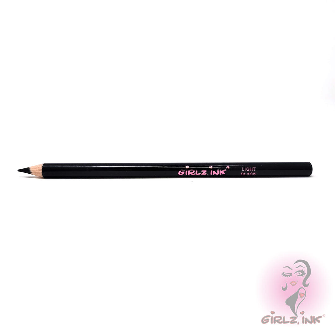 Girlz Ink Light Black brow mapping pencil shown against a white background. Precision pre-draw pencil used by professional PMU artists to outline and design clean, accurate eyebrow shapes before microblading or machine work. Slim black wooden pencil with pink Girlz Ink branding.
