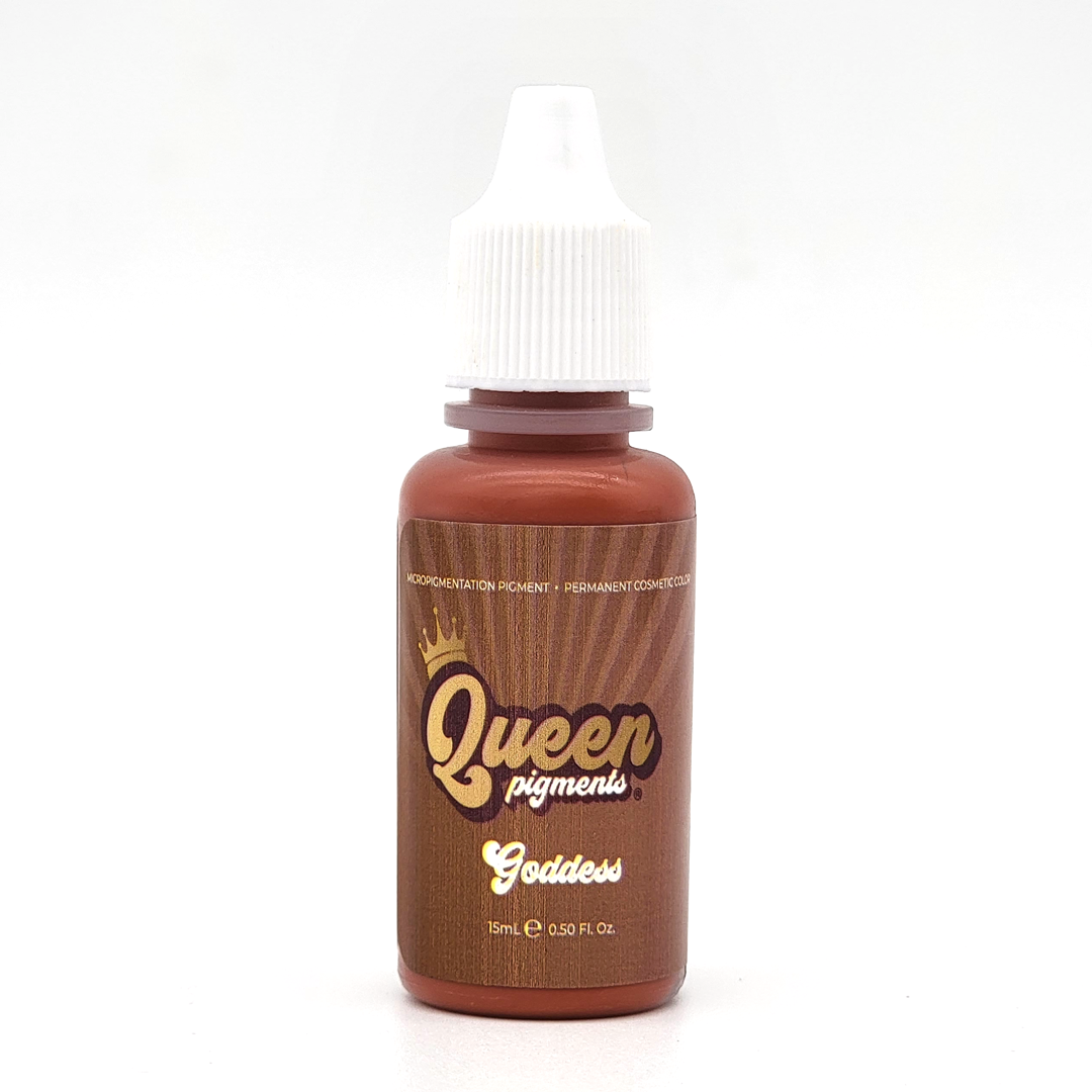 Bottle of Queen Pigments® Goddess, a warm yellow-based pigment designed for vibrant, natural-looking brows on melanin-rich skin tones.