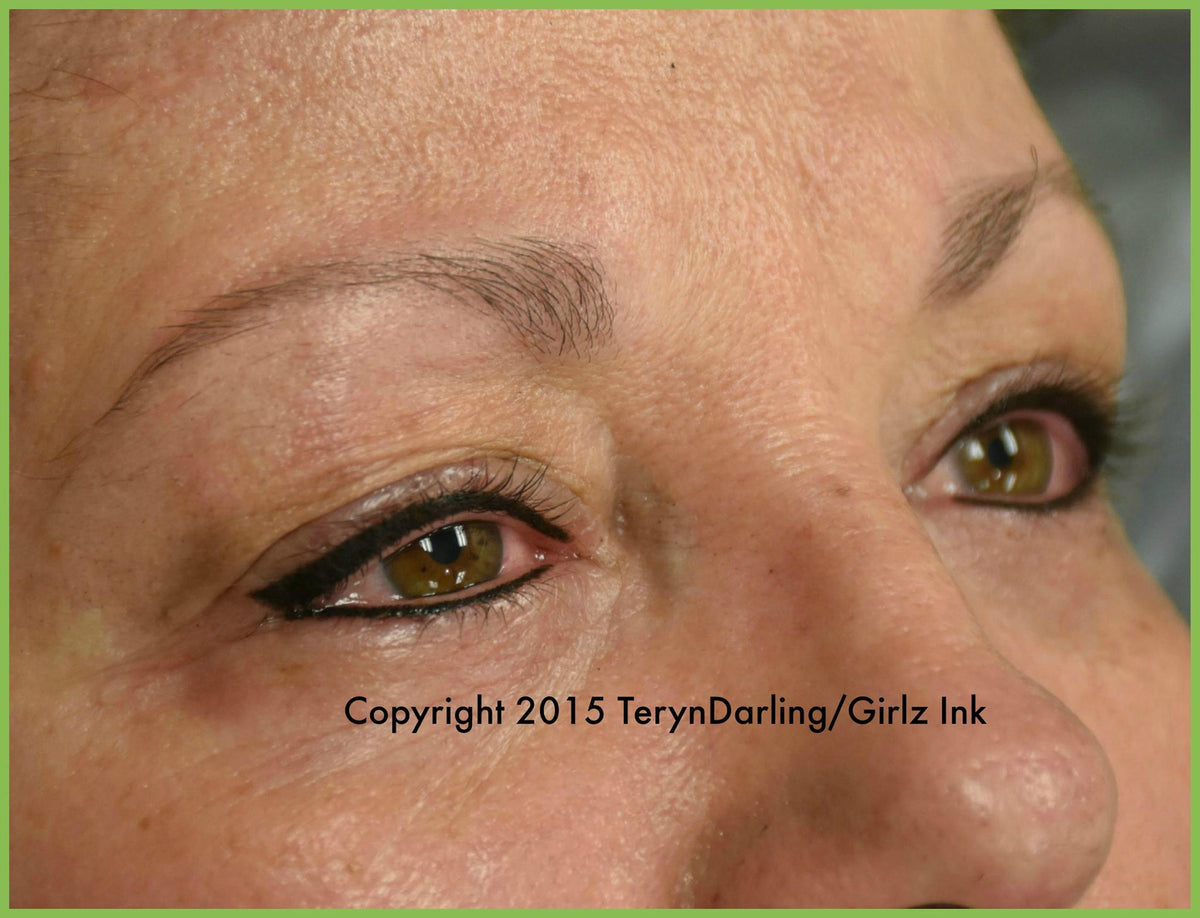 Healed result of Black Magic PMU pigment by Teryn Darling, showcasing deep black eyeliner and brow correction, professional permanent makeup