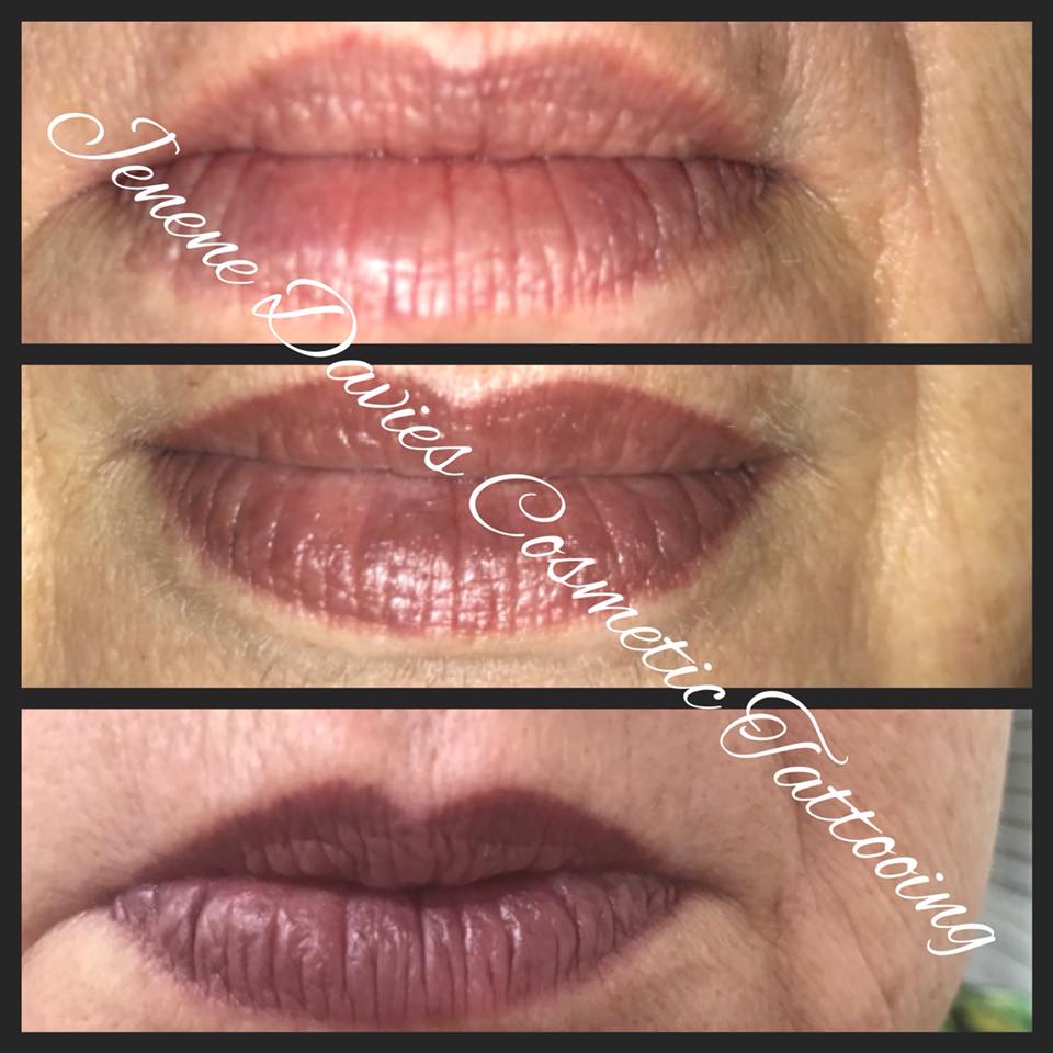 Healed lip pigmentation result using Brick Red pigment by Jenene Davies, showcasing rich brick red/brown tones in permanent makeup.