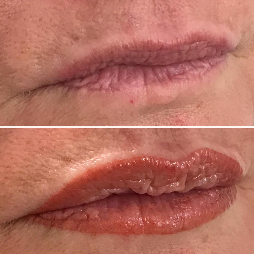 Healed lip pigmentation result using Brick Red pigment by Ulrika Gedin Hellsten, showcasing rich brick red/brown tones in permanent makeup